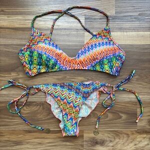 Luli Fama Boho Multi-Colored Vibrant Print Swimsuit Scrunch Bikini Two Piece Set